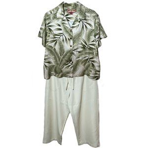Caribbean Joe Tropical Top Pants Set Size L  Green Ivory